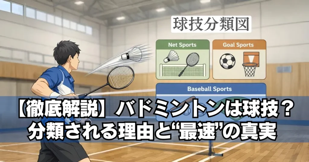 体育館でバドミントンを練習する選手と球技分類図(ネット型・ゴール型・ベースボール型)を示したアイキャッチ画像「バドミントンは球技?」解説記事用