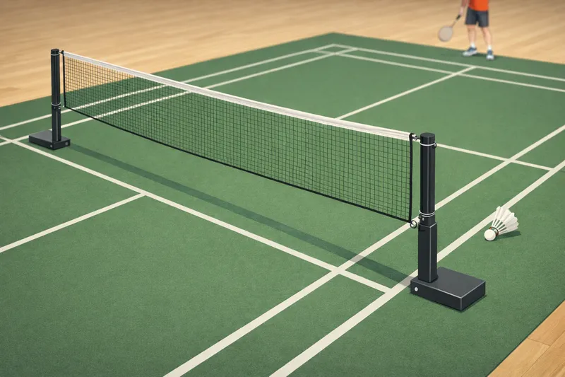 バドミントンコートのネットとポストが中央に配置されたイメージ画像。