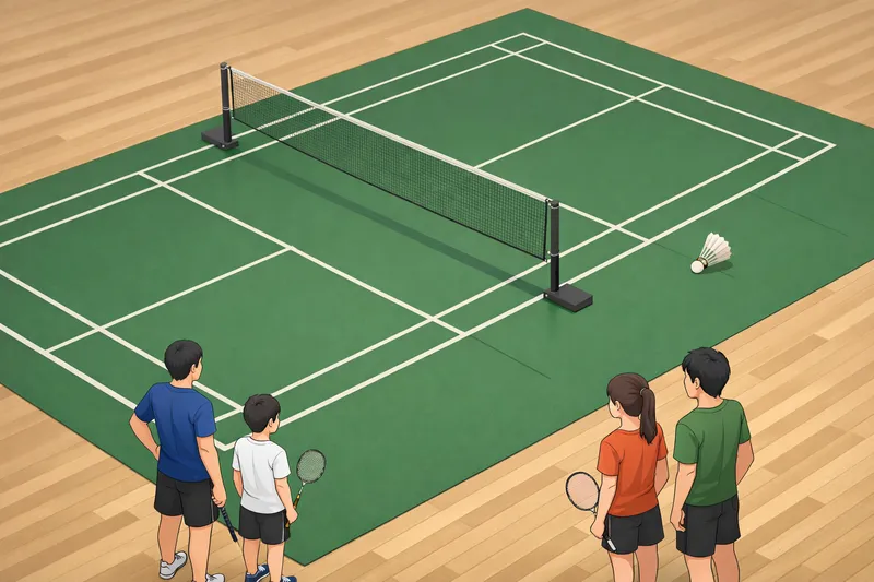 バドミントンコートのラインやサービスコートを見て理解しようとしている親子プレーヤーと男女プレーヤーのイメージ画像