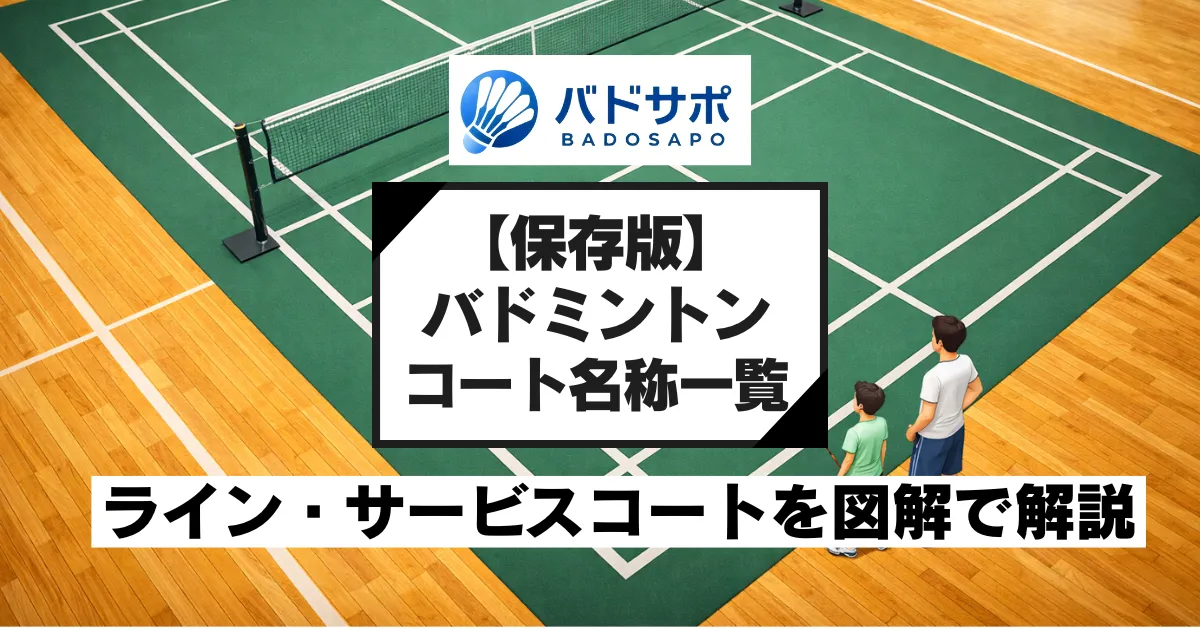 バドミントンコートのラインとサービスコートを確認している親子プレーヤーのイメージ