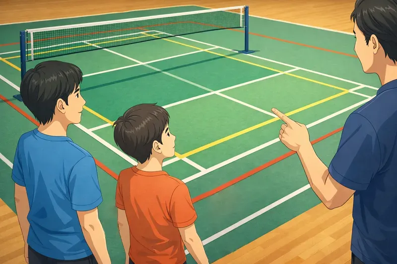 バドミントンコートのルールを指導者が初心者にわかりやすく説明しているイラスト