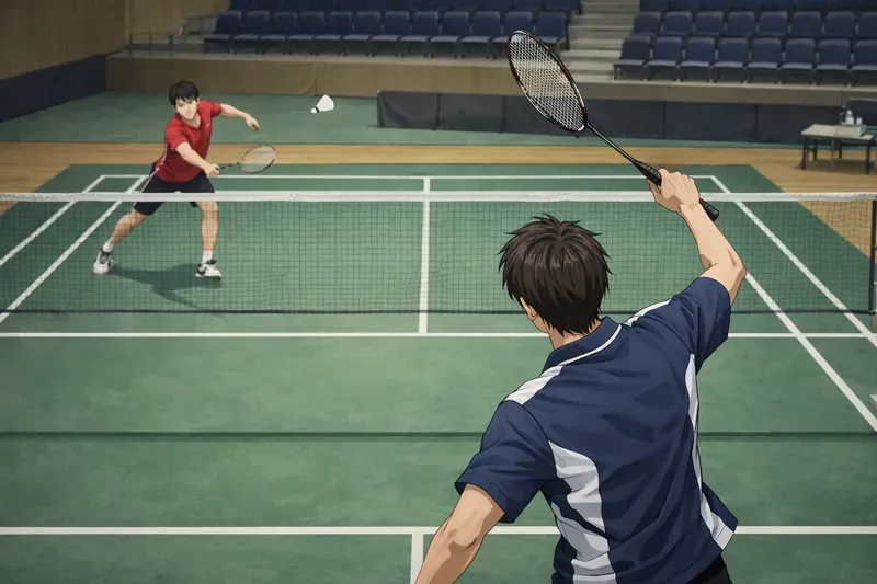 バドミントンコート内でラリーを続けるプレーヤーたちの様子