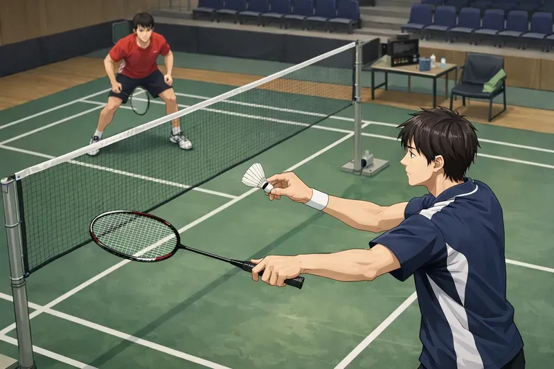 バドミントンのサービスコートで正しい立ち位置からサーブを打とうとするプレーヤー