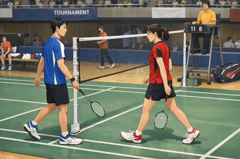 全国大会の体育館で第3ゲーム途中にコートチェンジを行うバドミントン選手の様子