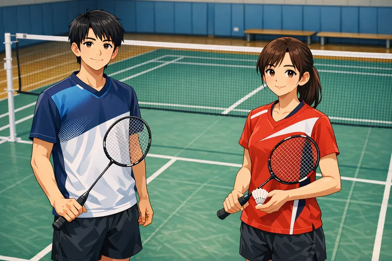 バドミントンコートの前でルールを理解し安心した表情のプレーヤー