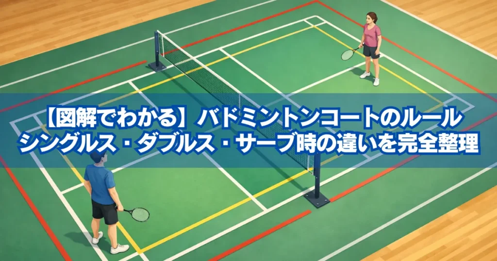 バドミントンコートに立つ2人のプレーヤーを斜め上から捉えた構図｜バドミントンコートのルール解説イメージ