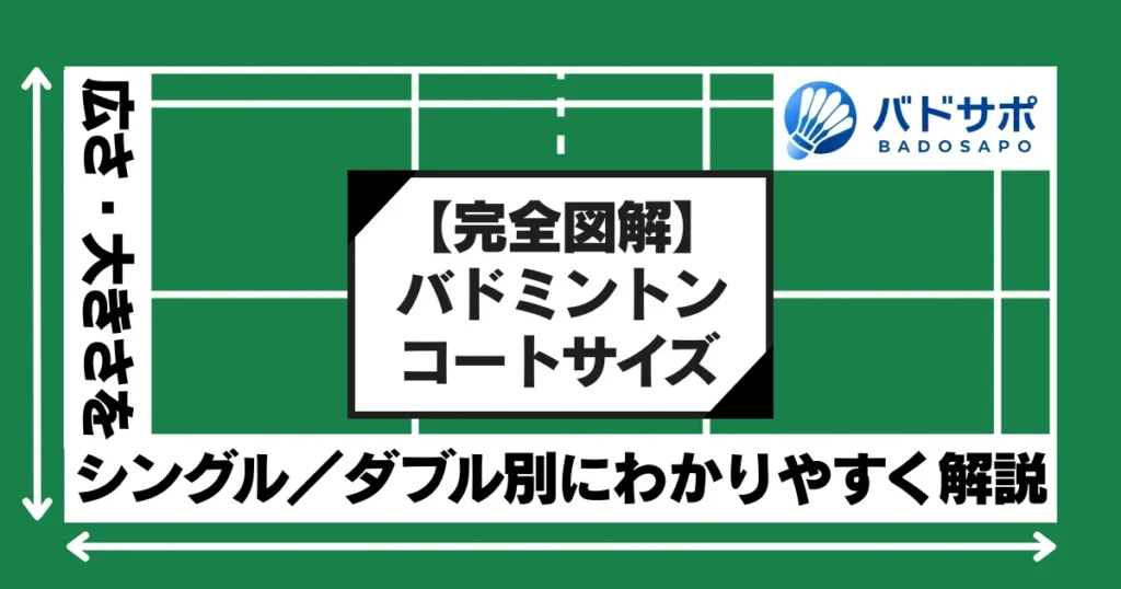 バドミントンコートを背景に記事タイトルを配置したバドミントンコートサイズ解説のアイキャッチ画像
