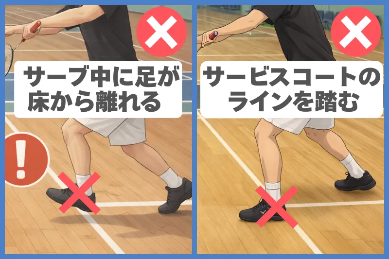 バドミントンのフットフォルト例｜サーブ中に足が離地（左）とサービスライン踏み越え（右）の図解