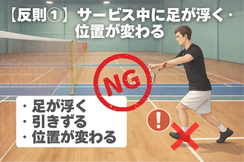 バドミントンのフットフォルト例｜サーブ中に足が浮き位置が変わる反則の図解