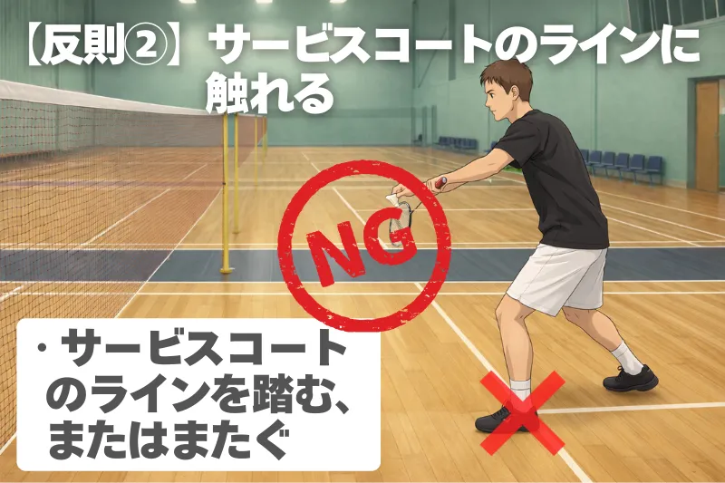 バドミントンのフットフォルト例｜サーブ時にサービスコートのラインを踏む反則の図解