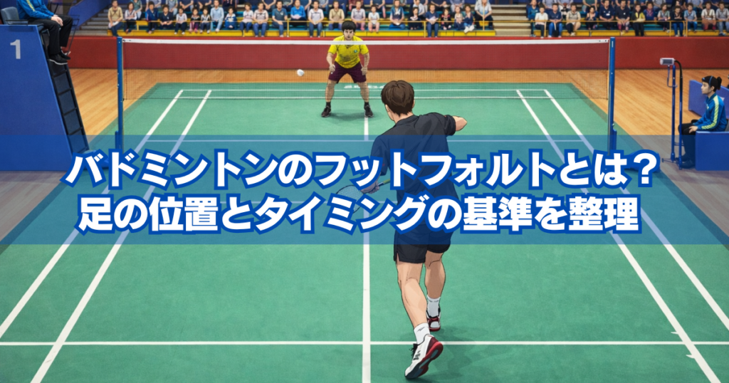バドミントンのフットフォルト基準|シングルスでサーブを打つ直前の足の位置とタイミングを示す図解