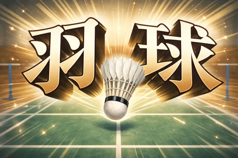 漢字「羽球」とシャトルの関係を示したバドミントン名称の意味図解