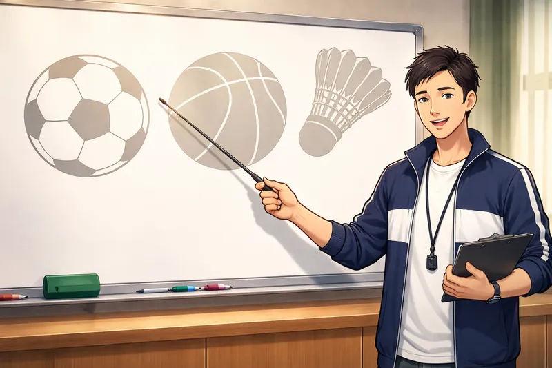 体育館でバドミントン用具を説明する指導シーンの教育イラスト