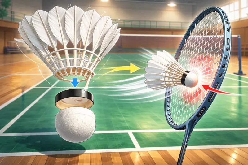 バドミントンシャトルのコルクと羽根構造を解説した拡大図