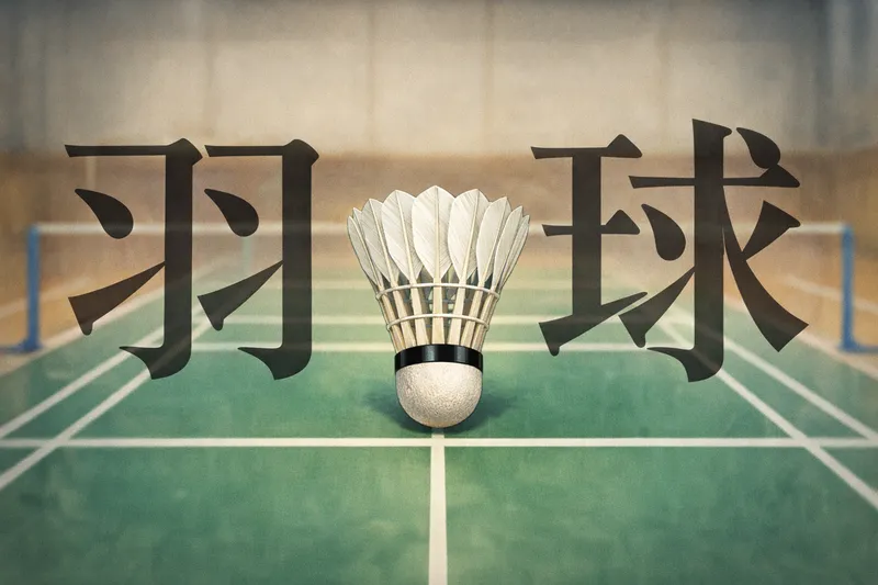 バドミントンコート上のシャトルと左右に大きく書かれた漢字「羽球」の図解イラスト

