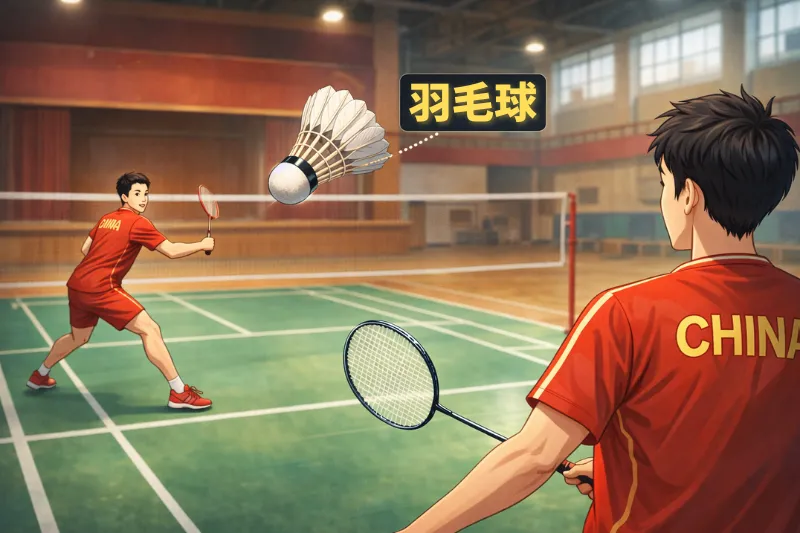 中国の体育館で羽毛球をプレーする様子の文化比較イラスト