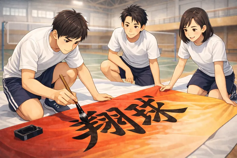 体育館で翔球の応援幕を書く高校生のイラスト