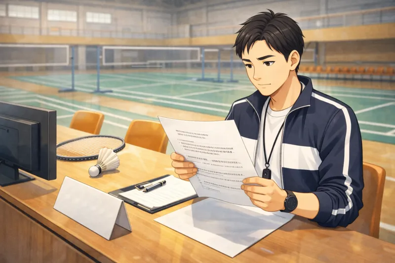 体育館本部席で大会要項を確認するバドミントン審判