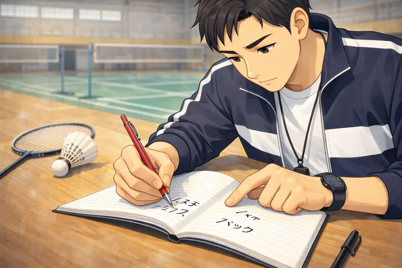 バドミントン用語をノートで修正指導する学習シーン