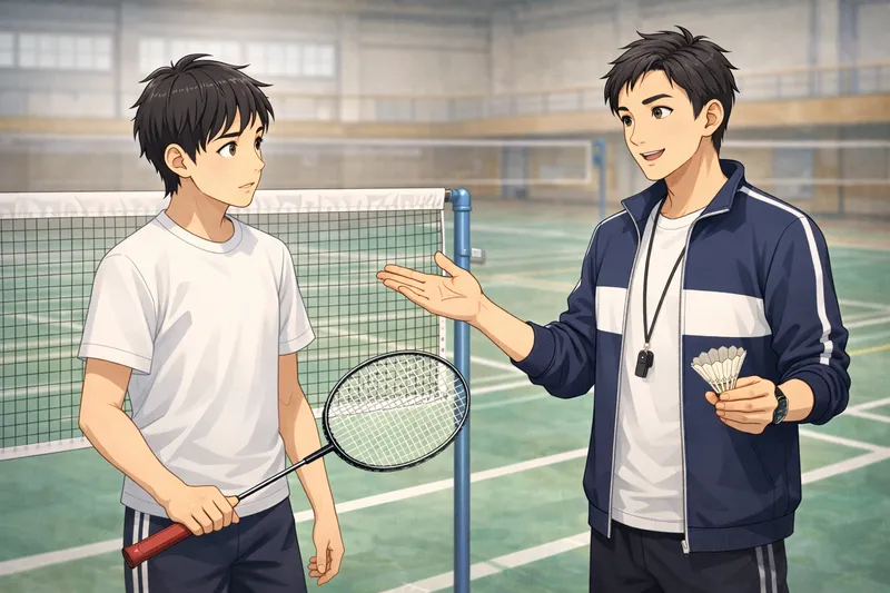 バドミントンの疑問をコーチに質問する学習シーン