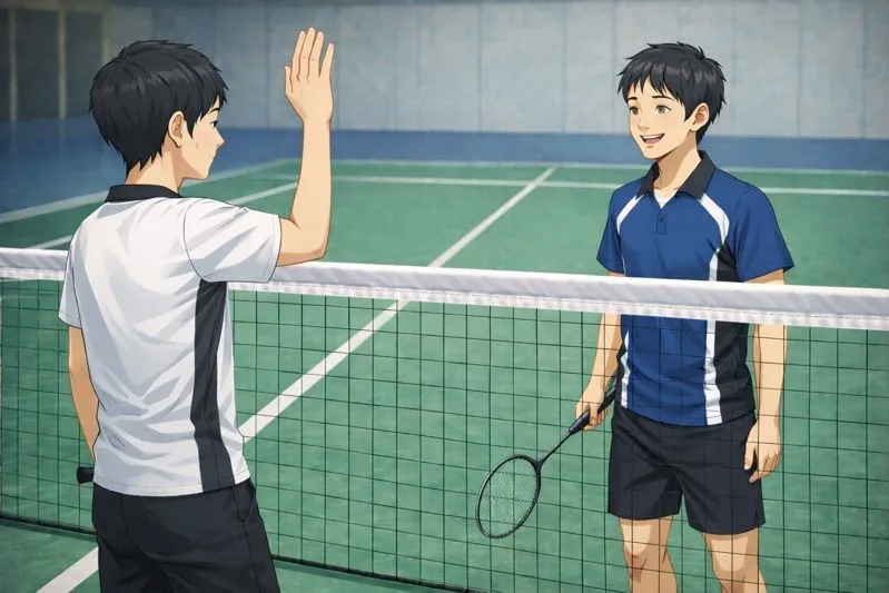 ネットイン後に軽く手を上げて謝るバドミントン選手のマナーを示したイラスト