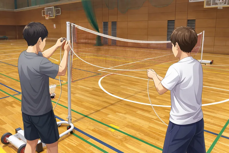 中学生が部活動でバドミントンネットを両支柱に掛けてテンションをかけている様子｜まっすぐ張るコツ