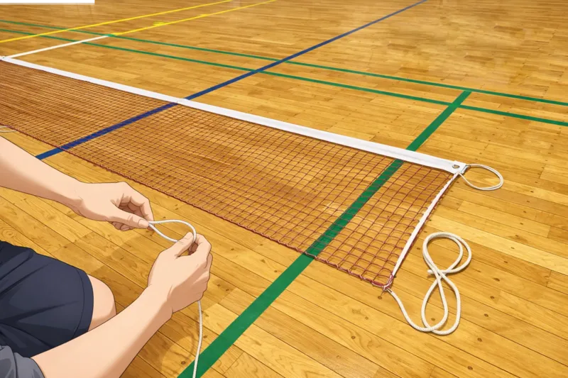 白帯を上にしてバドミントンネットを床に広げている様子｜ネットの上下の見分け方