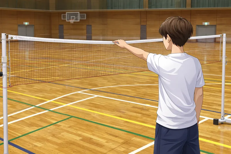 張り終えたバドミントンネットを触ってテンションを確認している様子｜張れないときの対処法