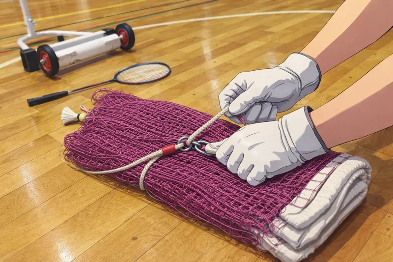 体育館でバドミントンネットを折りたたんで収納している様子｜片付け方と長持ちさせる扱い方