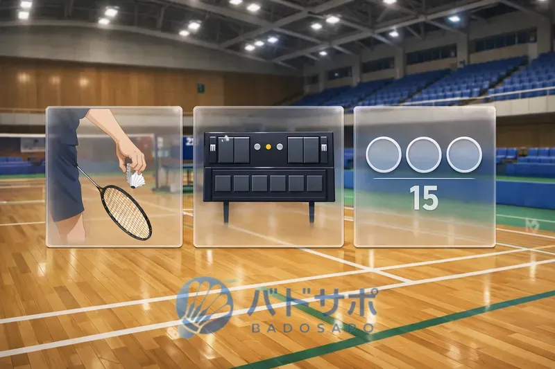 バドミントンのルール変更ポイント3つ(サーブ・得点・15点制)を示す図解