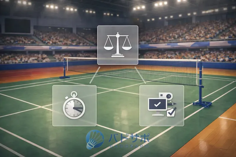 バドミントンのルール改定理由(公平性・試合時間・判定精度)を示す図解