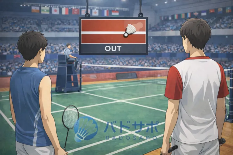 バドミントンのIRS(ビデオ判定・チャレンジ)で判定が可視化される図解