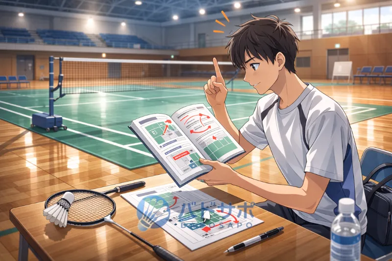 バドミントンのルールブックを読みルール変更を理解した高校生プレーヤーのイメージイラスト