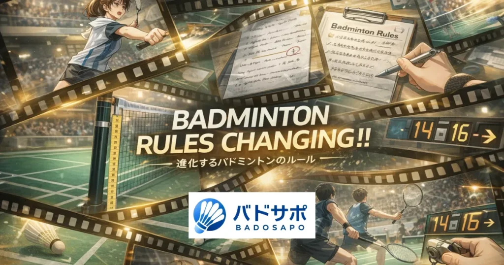 バドミントンのルール改定の歴史を表現したコラージュ風イラスト|得点方式や判定制度の変化が複数シーンで描かれるルール変遷イメージ