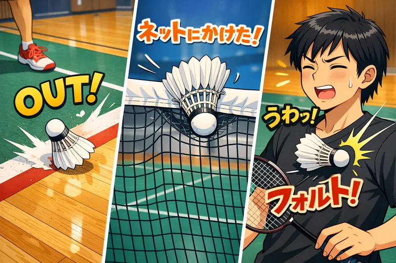 バドミントンの得点が入らない例｜アウト・ネット・フォルトを図解したアニメイラスト
