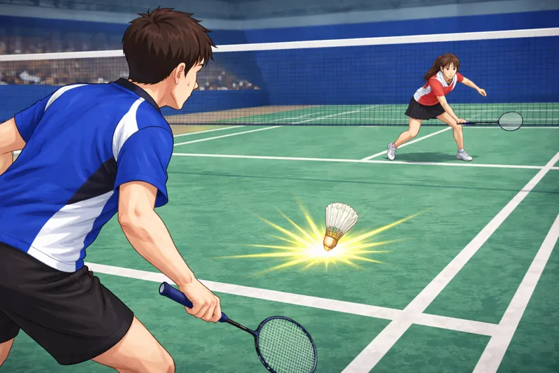 試合中のラリーでシャトルが高速で飛び交い、得点につながる流れを表現したバドミントンのプレーシーン