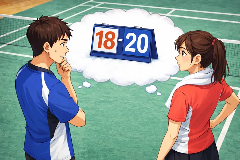 ラリー後に選手が一瞬立ち止まり、今の得点を頭の中で整理しているバドミントンの試合中シーン