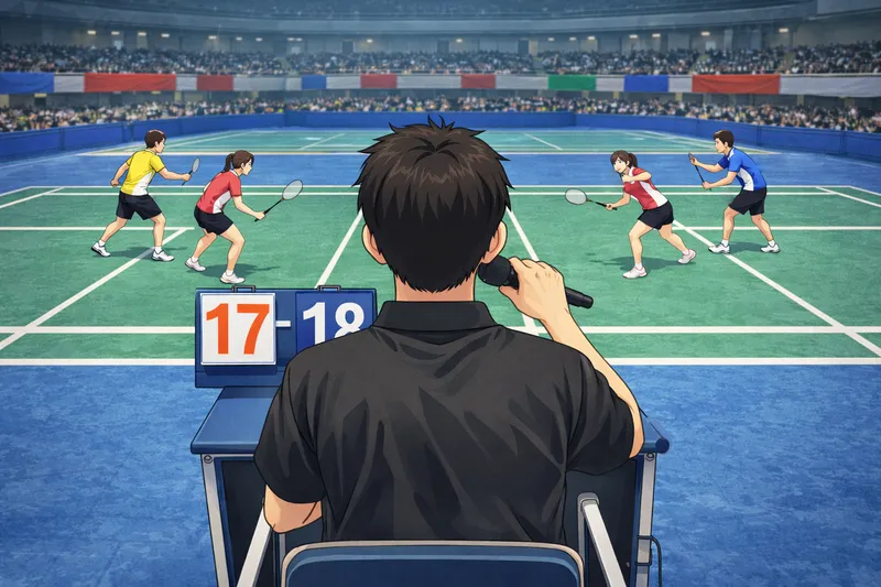 主審がコート全体を見渡しながら得点をコールするバドミントンの試合風景