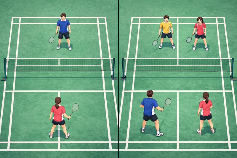 シングルスとダブルスの人数と立ち位置の違いを左右で比較したバドミントンコート図
