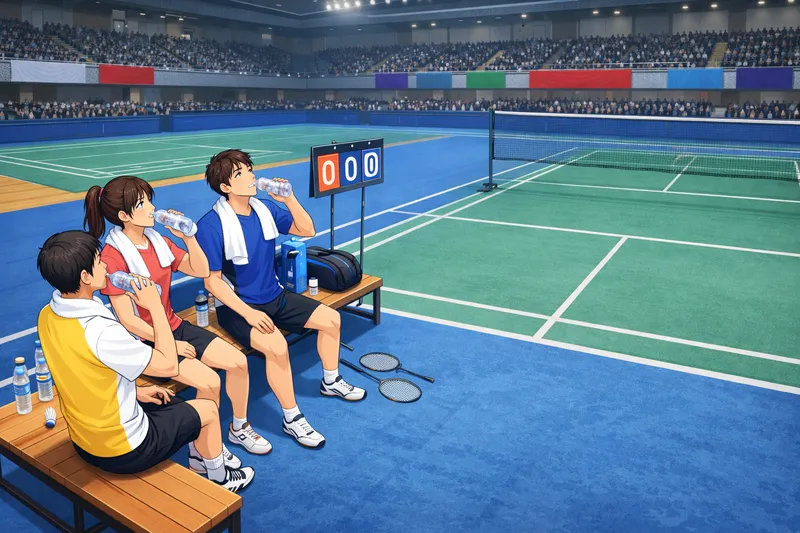 ゲーム間のインターバル中、ベンチで休憩する選手とリセットされたバドミントンコートの様子