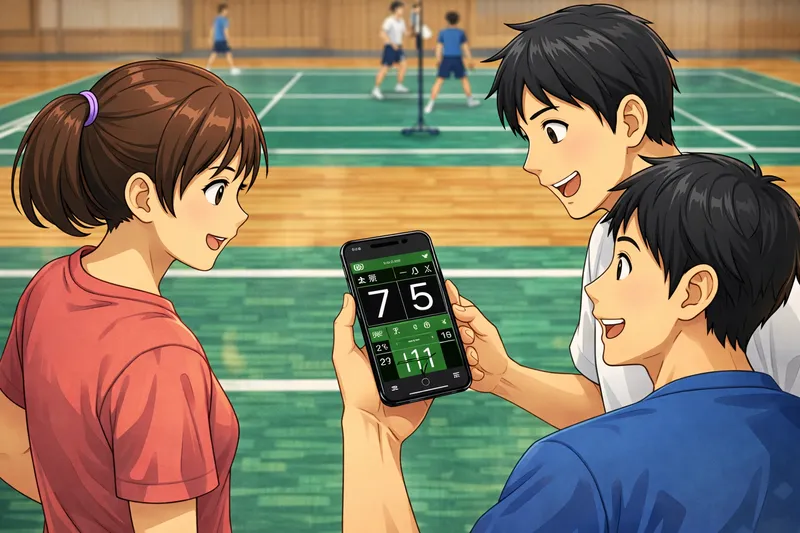 バドミントンの試合中にスマホアプリで点数を管理・確認している様子