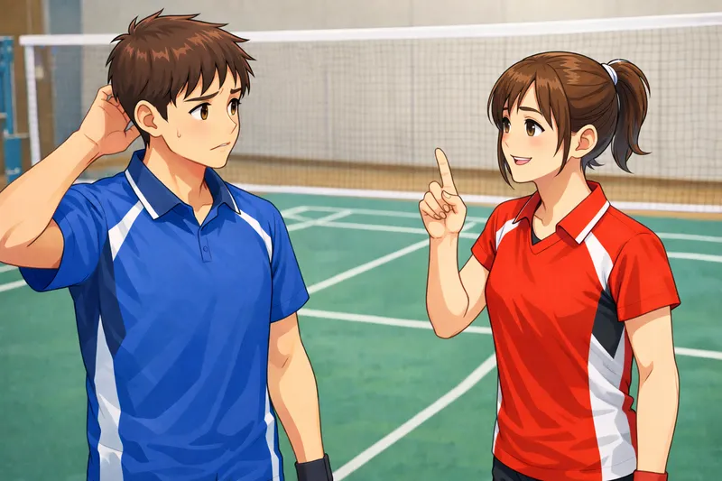 バドミントンの点数に疑問を持つプレーヤーと説明するプレーヤーの様子（FAQ解説イメージ）