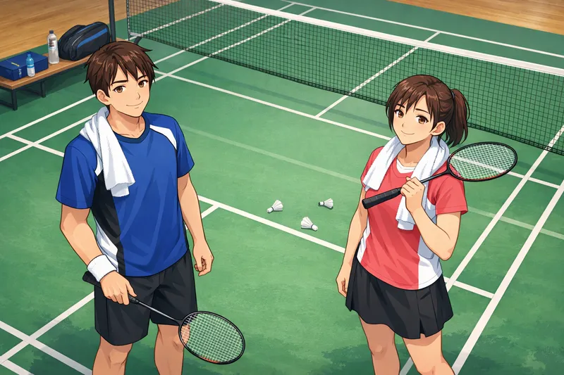 バドミントンの試合後、コート全体を俯瞰で見渡し、リラックスして立つ初心者プレーヤーの様子