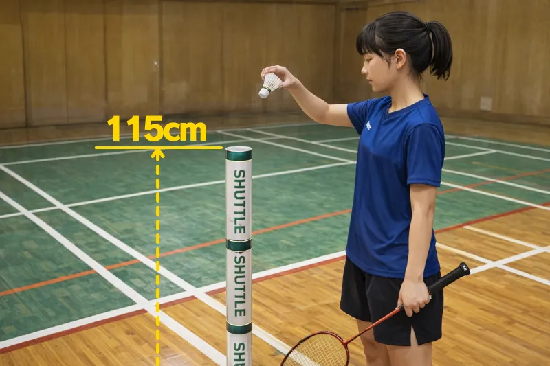 バドミントンのサーブ高さ115cmの目安｜シャトル筒3本分の比較図