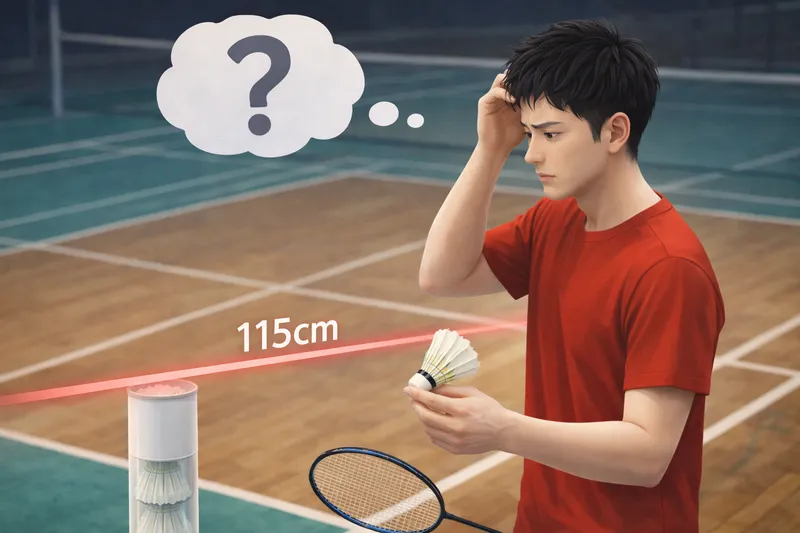 バドミントンサーブで「なぜ115cmルールになったの？」と悩む男性プレーヤー