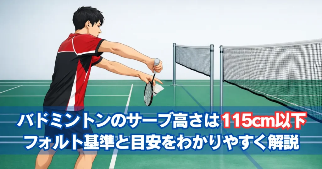 バドミントンのサーブ高さ115cm以下で打つプレーヤー|タイトル入りのアイキャッチ画像