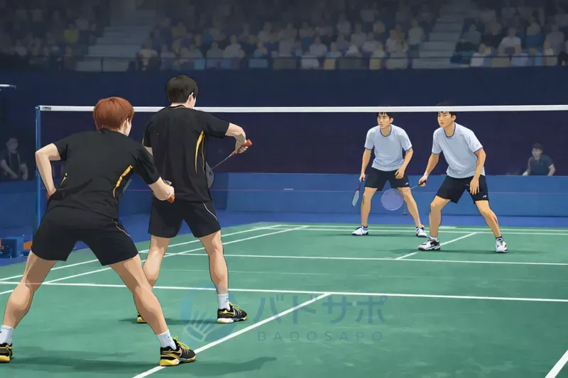 バドミントン サーブルール6つの基本|ダブルスのサーブ直前シーン