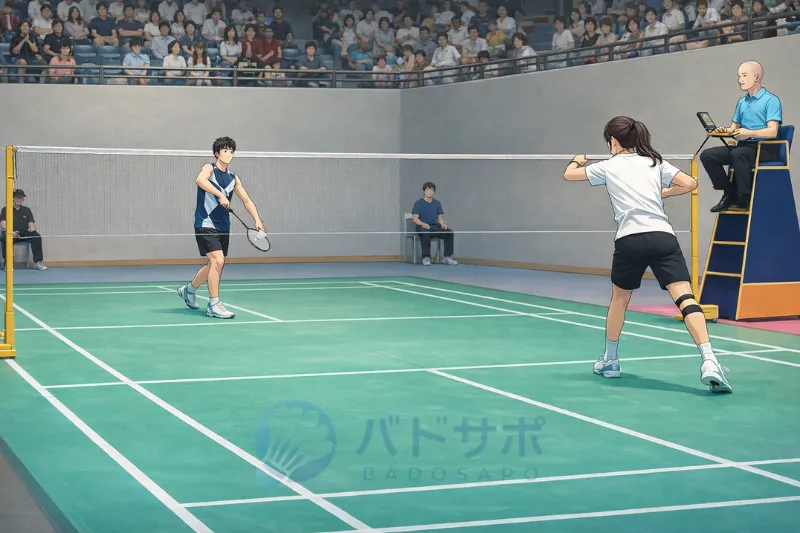 バドミントン サービスコートの立ち位置|シングルスのサーブ構え