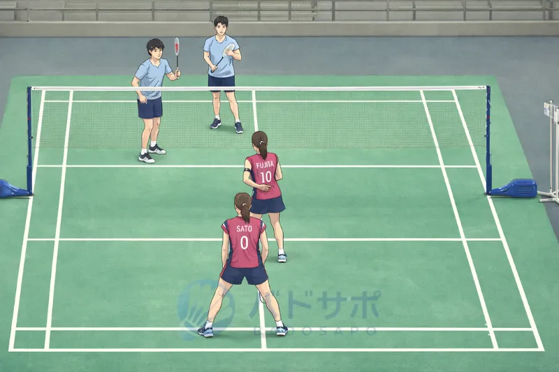 バドミントン サーブルール|レシーバーが構えるのを待ってからサーブする場面