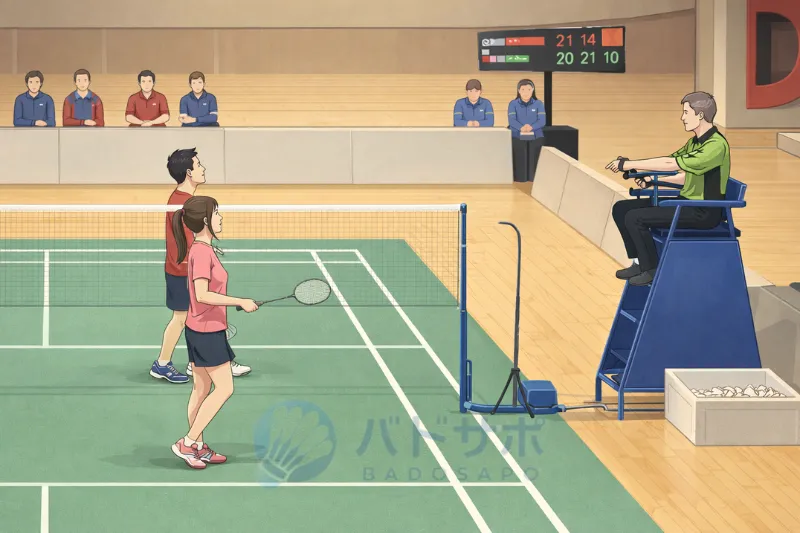 バドミントンのフォルト判定シーン|審判の宣告で相手に1点入る